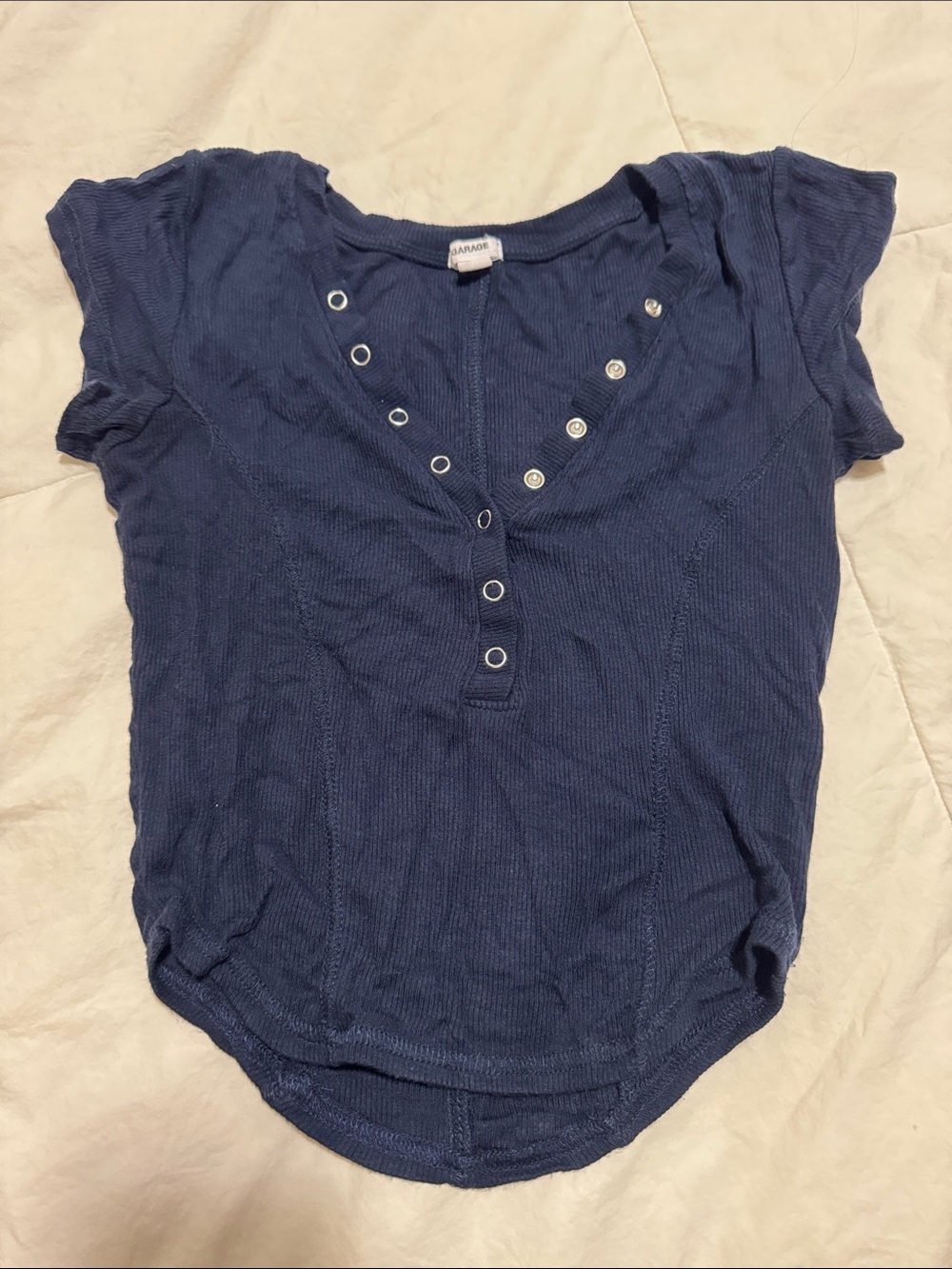 Garage Navy Short Sleeve Henley Top with Snap Detail